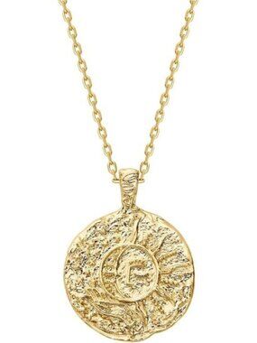 14K Yellow Gold Plated Engraved Moon & Star Coin Pendant Necklace CZ 20 Inch